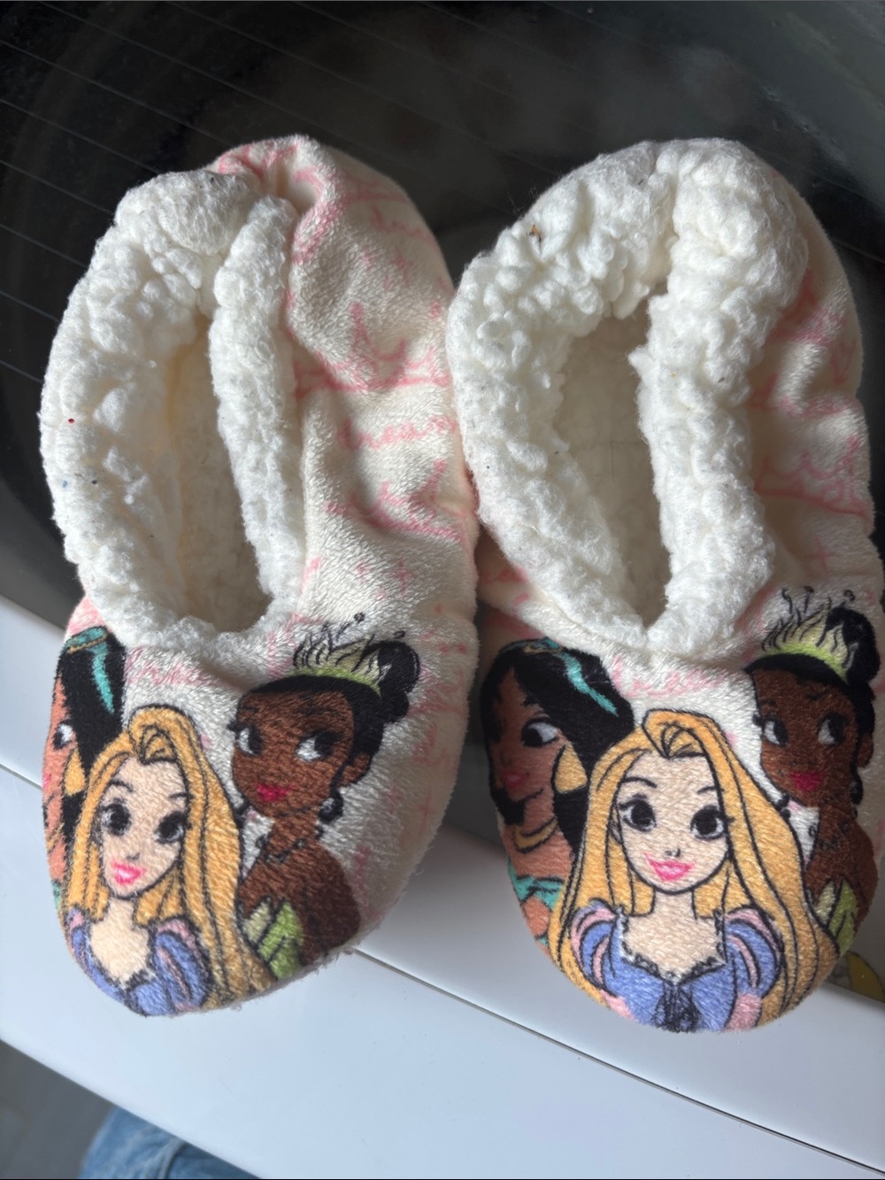 Disney Girls Plush Princess Slippers in Cream & Pink with Character Prints